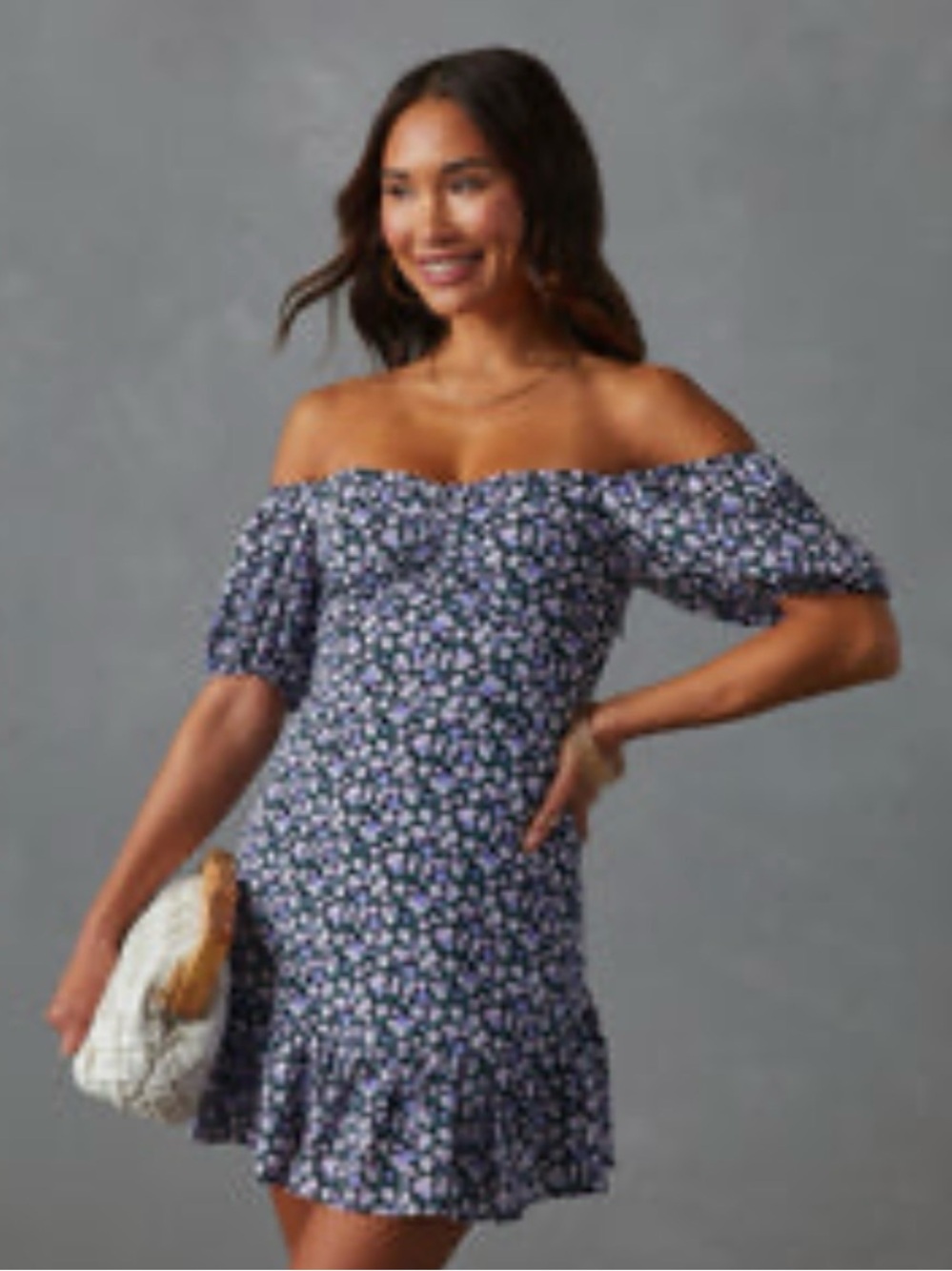 Vici Off-Shoulder Floral Mini Dress in Navy Blue